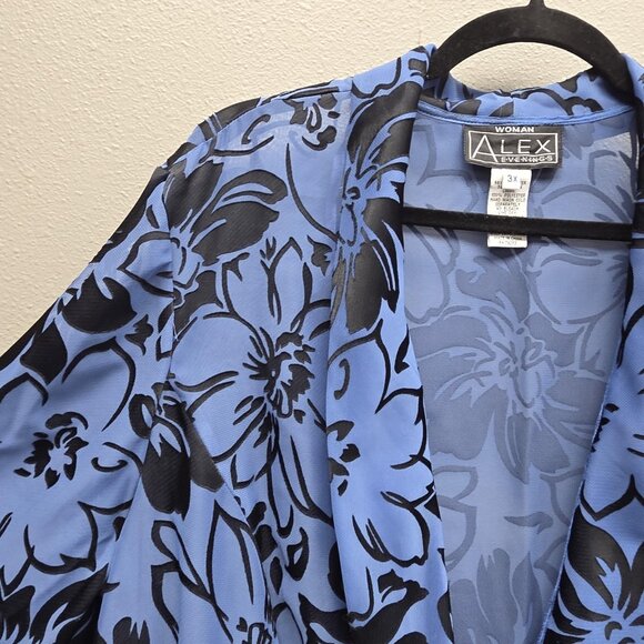 Alex Evenings Jacket Womens 3X Blue Black Floral Sheer Open Front Plus Size - Picture 2 of 10